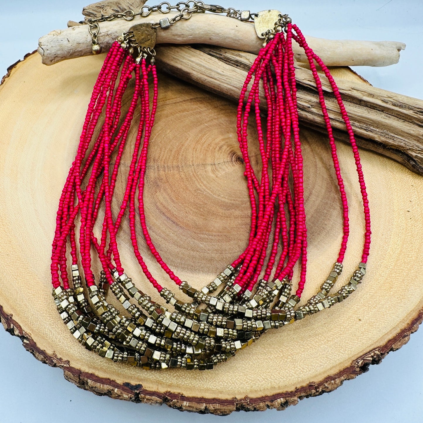 Chico’s Vintage Red/Pink Tones Multi-Strand beaded Statement Necklace