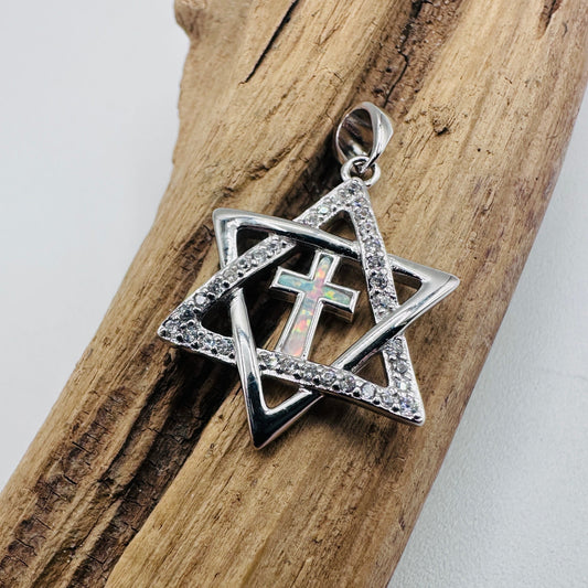 Sterling Silver Star of David Lab Opal Cross CZ Pendant
