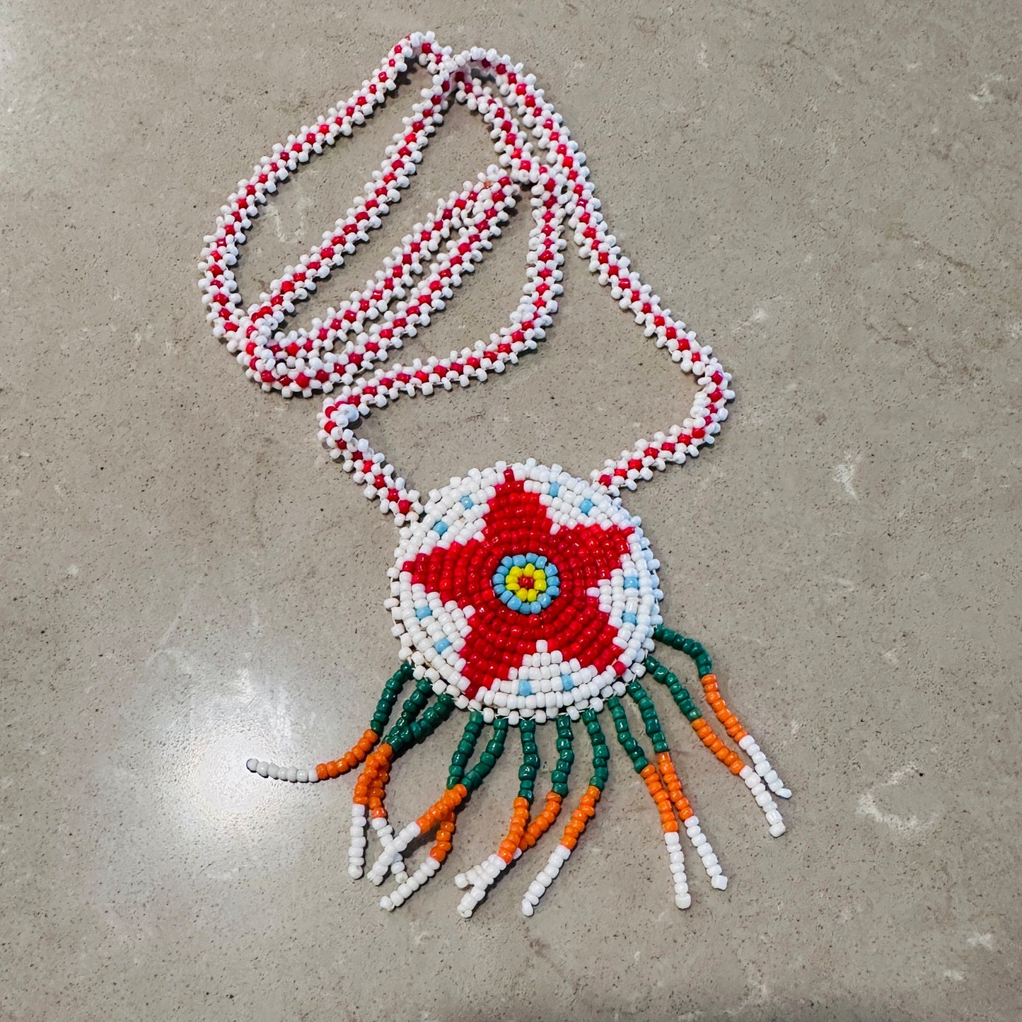 Hand-Beaded Authentic Native American Red Star Medallion Leather Necklace