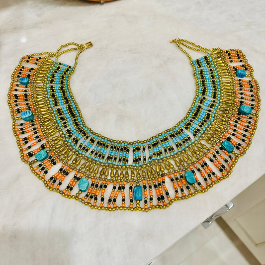 Egyptian Beaded Necklace Collar With Blue Scarabs, Cleopatra