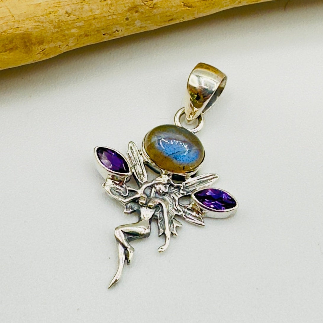 Fairy Labradorite & Amethyst 925 Sterling Silver Pendant