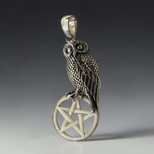 Owl Pentagram Pendant 925 Sterling Silver Carved Bone Gothic Wicca