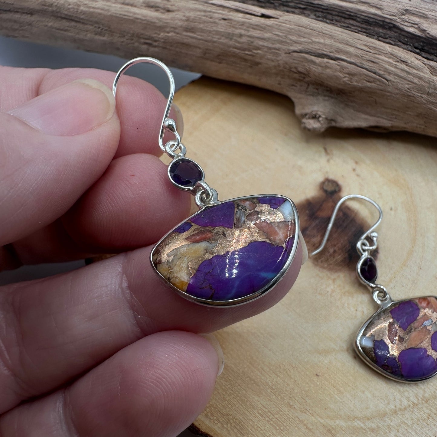 New Oyster Purple Turquoise & Amethyst 925 Silver Earring