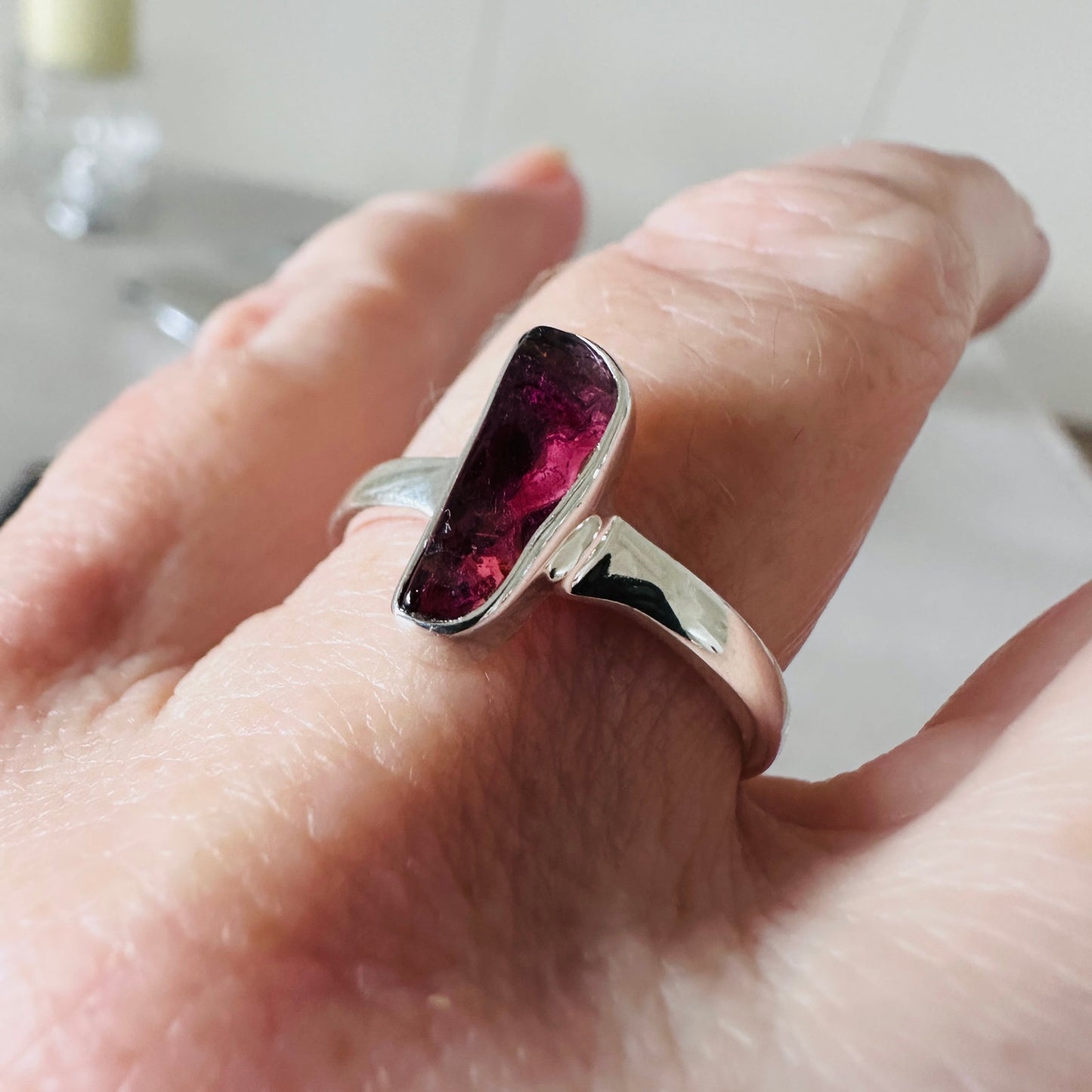 Natural Pink Tourmaline Crystal Sterling Silver Ring