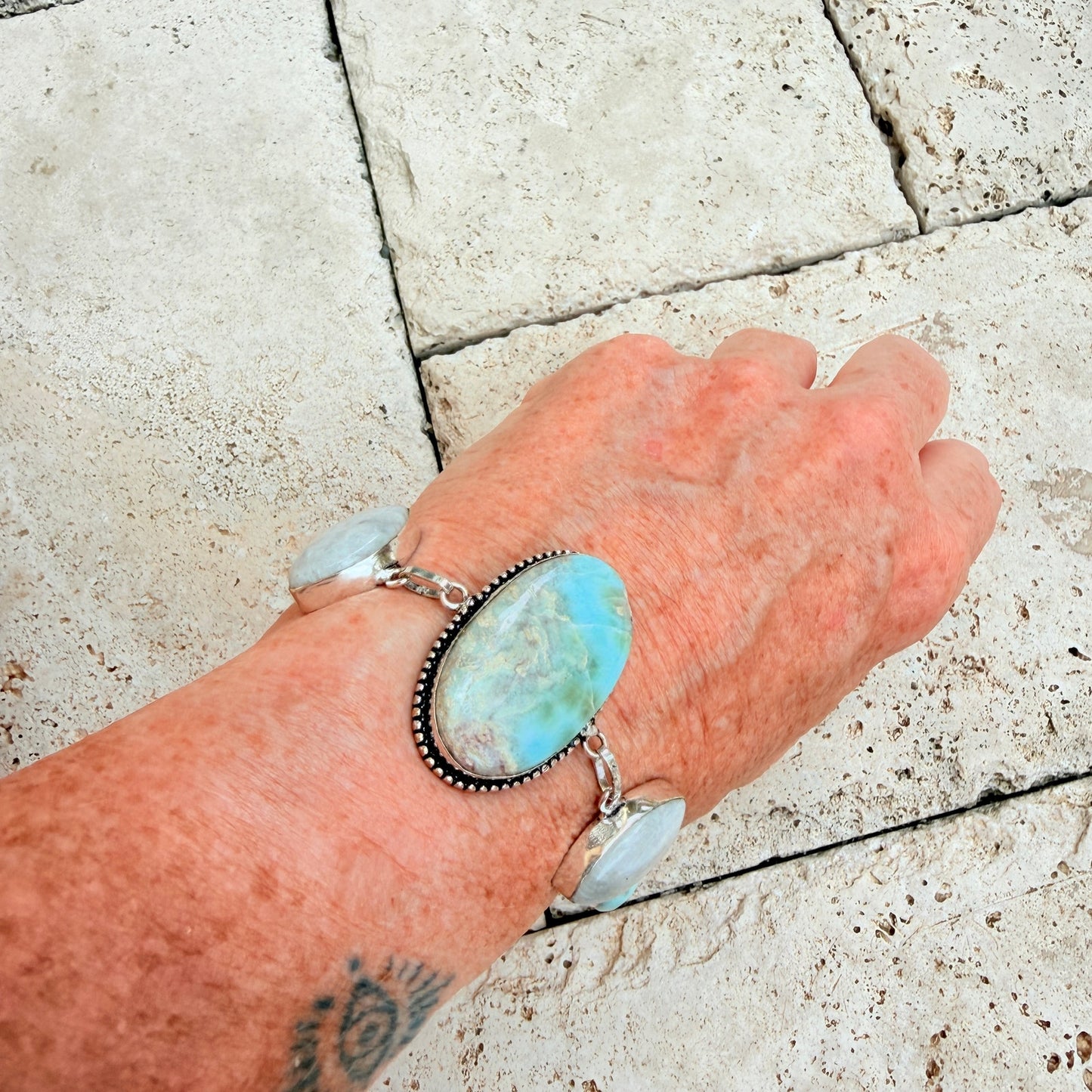 Larimar Rainbow Moonstone 925 Silver Overlay Toggle Bracelet