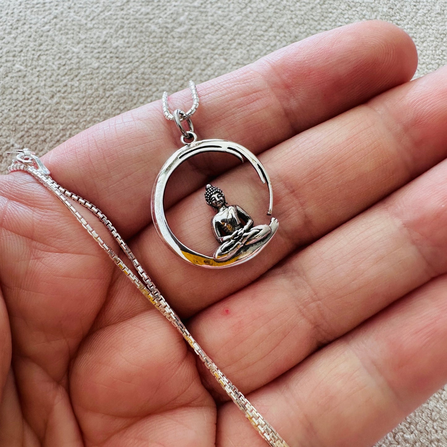Sterling Silver Buddha Necklace, Circle Pendant, Yoga Necklace