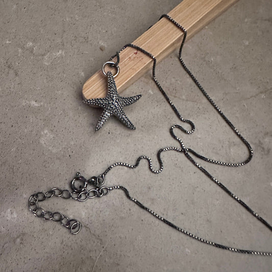 Sterling Silver Starfish Necklace, Black Rhodium Box Chain