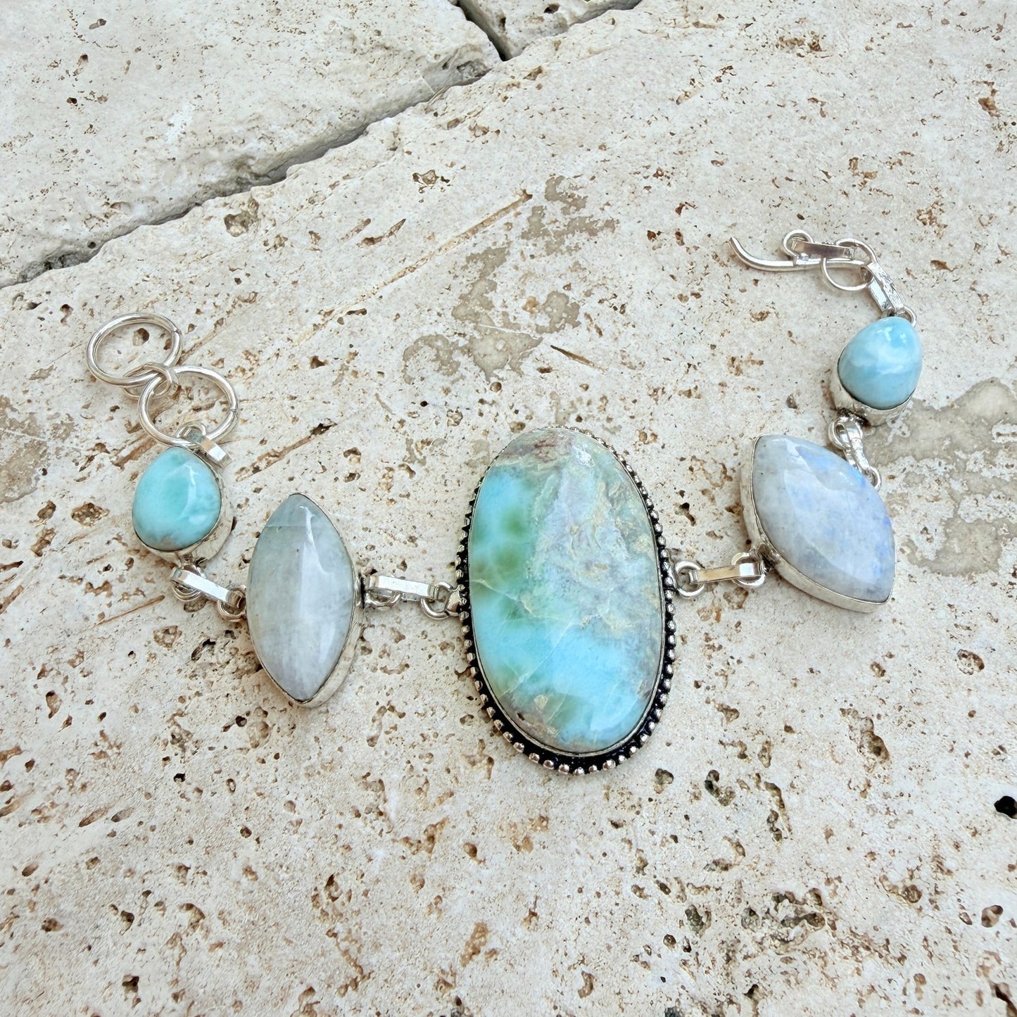 Larimar Rainbow Moonstone 925 Silver Overlay Toggle Bracelet