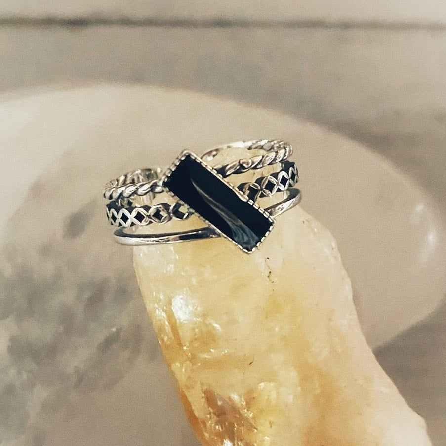 925 Sterling Silver black Rectangle Vintage Ring-Adjustable