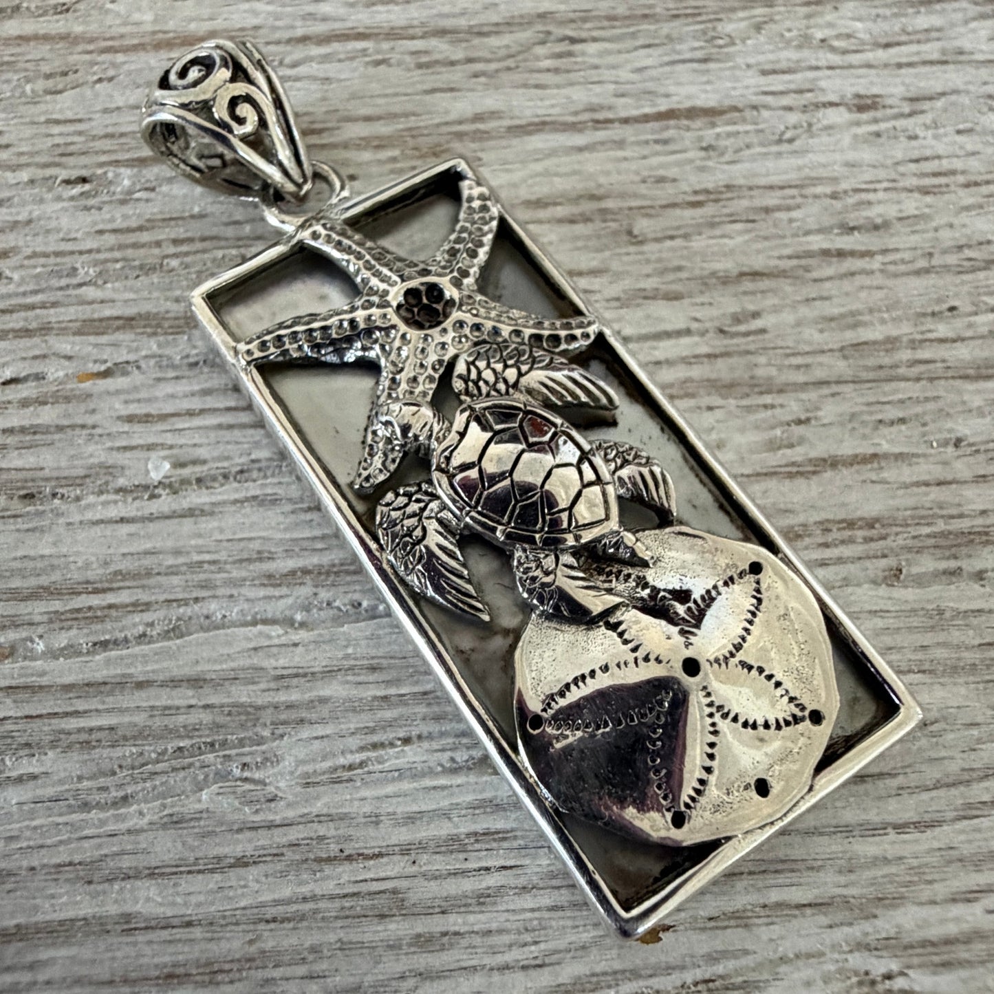 Sterling Silver Sea Turtle Mother of Pearl Starfish Necklace-Rectangle Pendant
