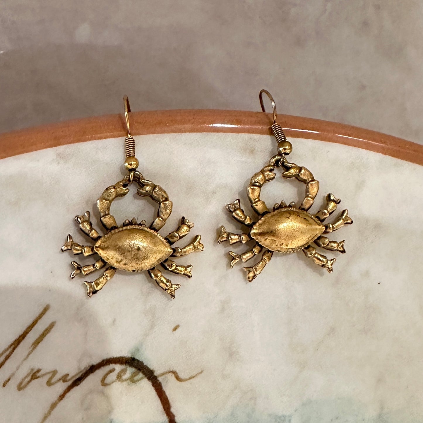 Brushed Gold Tone Crab Earrings-Coastal Nautical Beach Jewelry