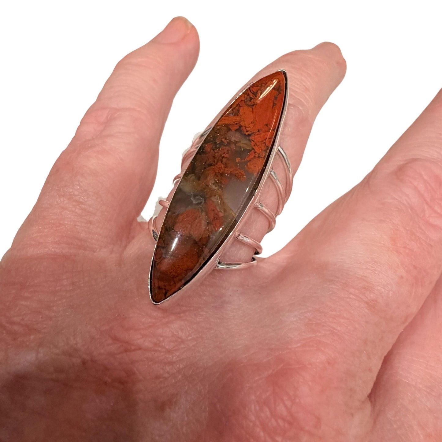 Marquise Red Jasper Ring 925 Silver Plated Boho Statement Ring Size 8
