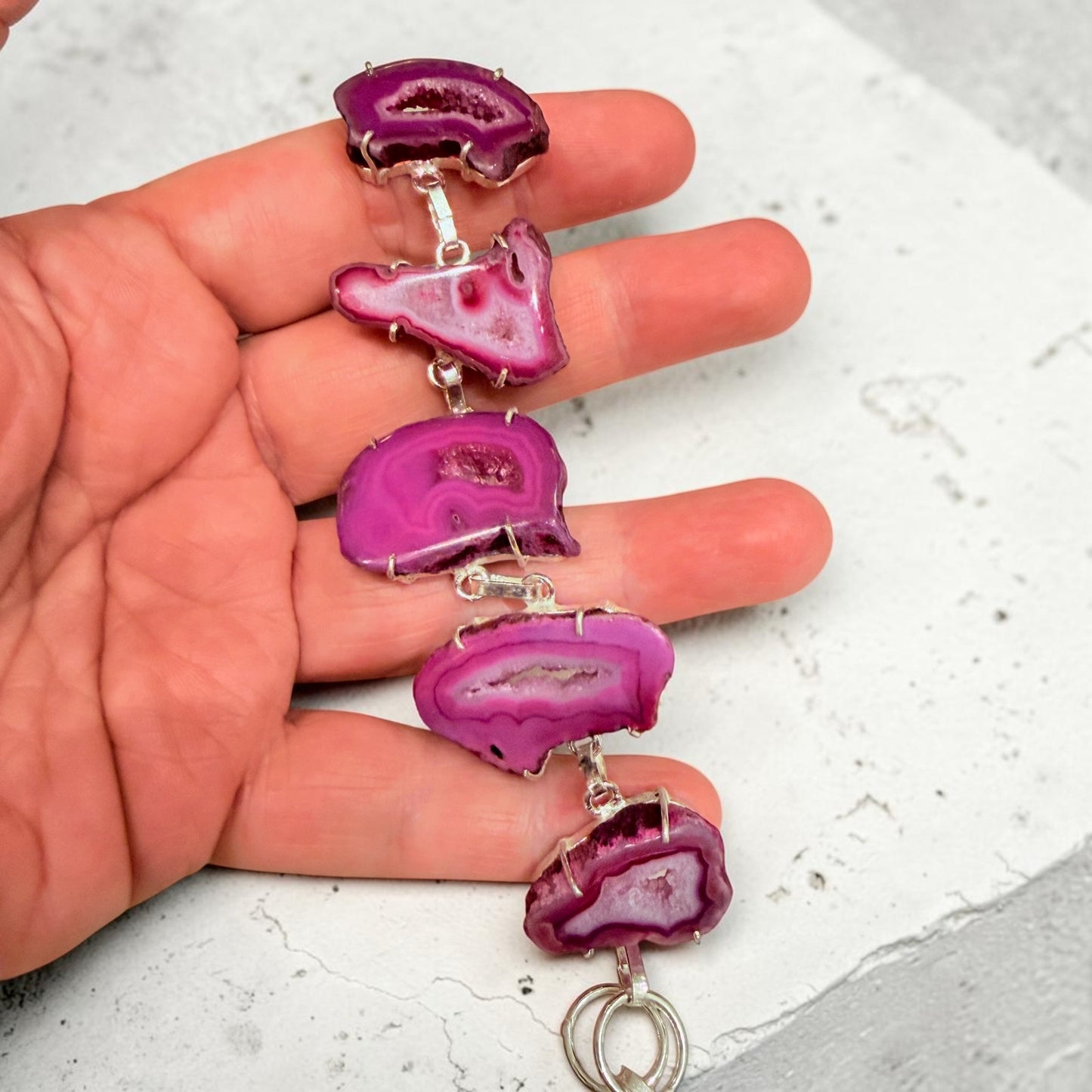 Pink Druzy Agate Slice Toggle Bracelet 925 Silver Plated