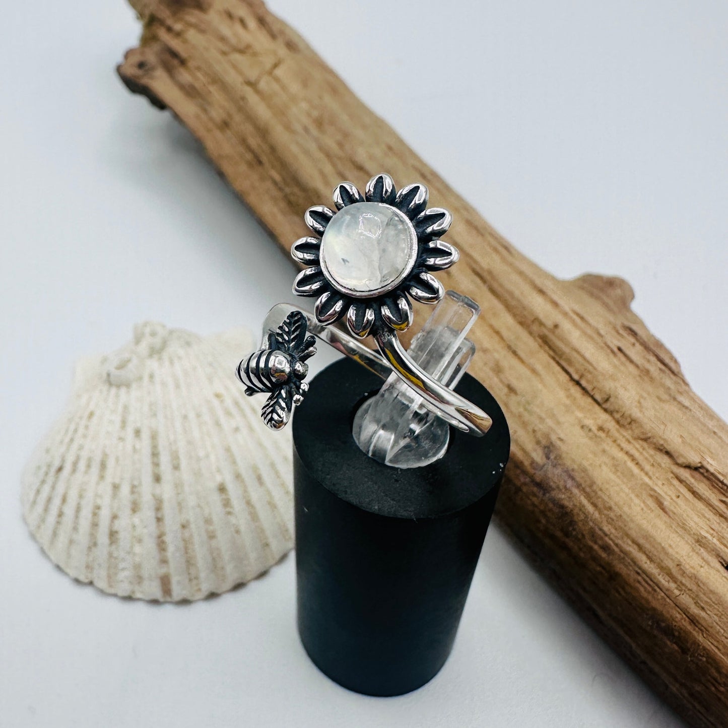 Moonstone Sterling Silver Bee & Sunflower Ring