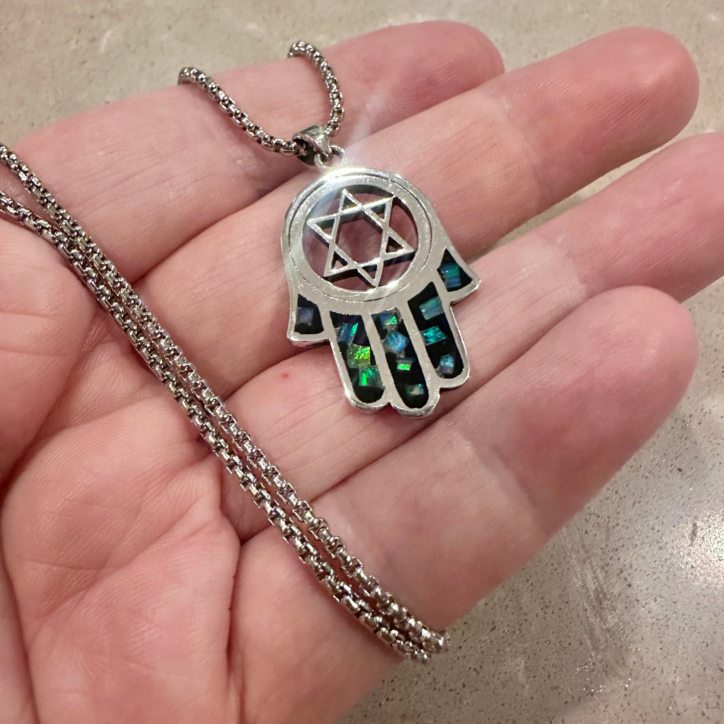 Sterling Silver Hamsa Pendant with Lab Opal & Star of David