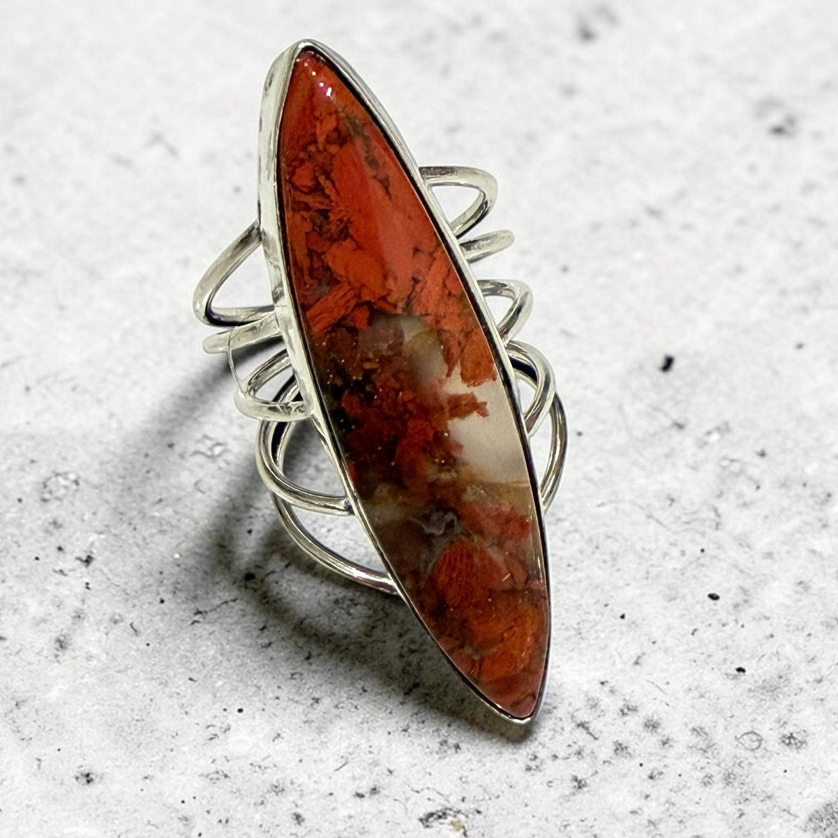Marquise Red Jasper Ring 925 Silver Plated Boho Statement Ring Size 8