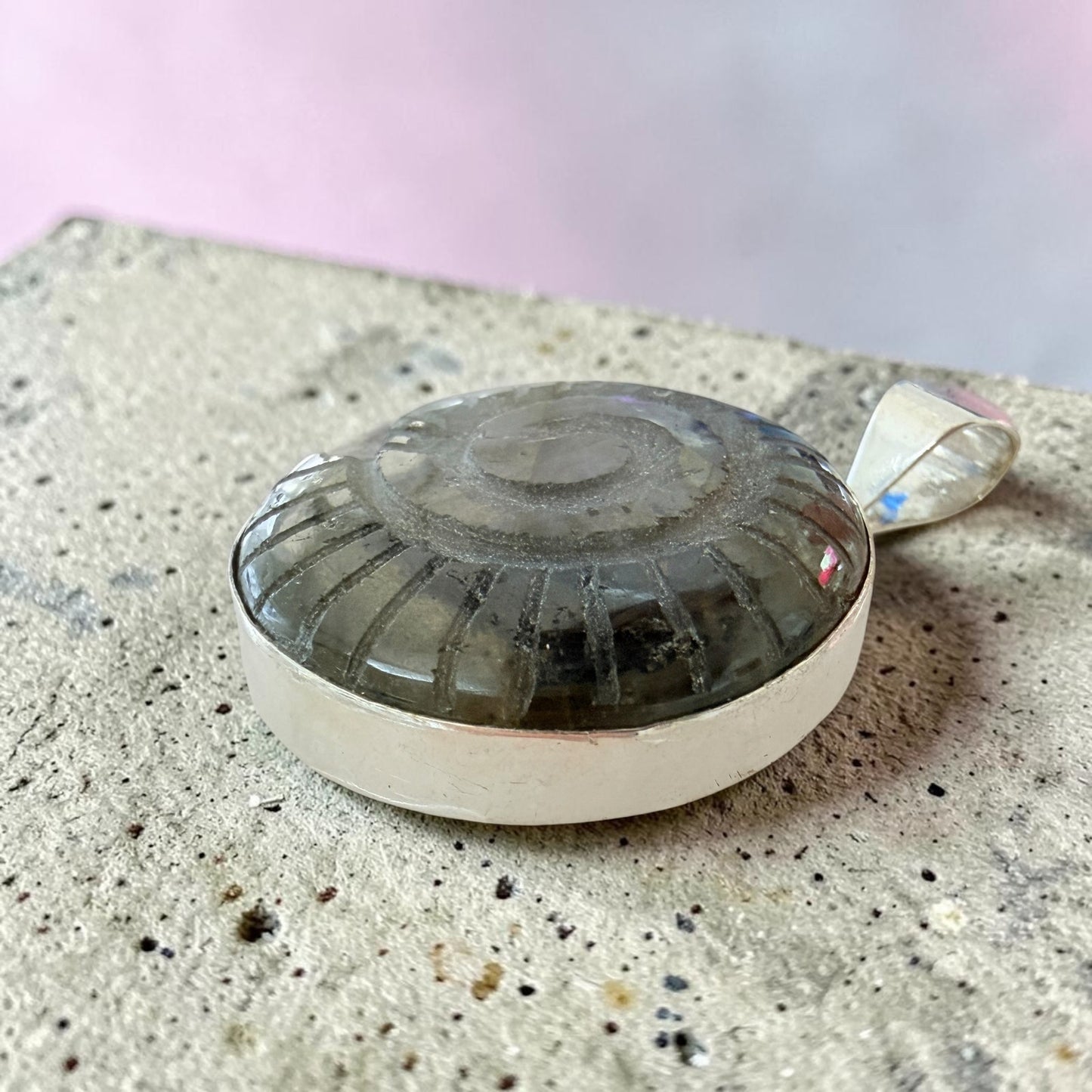 Carved Labradorite Ammonite Pendant 925 Silver Plated