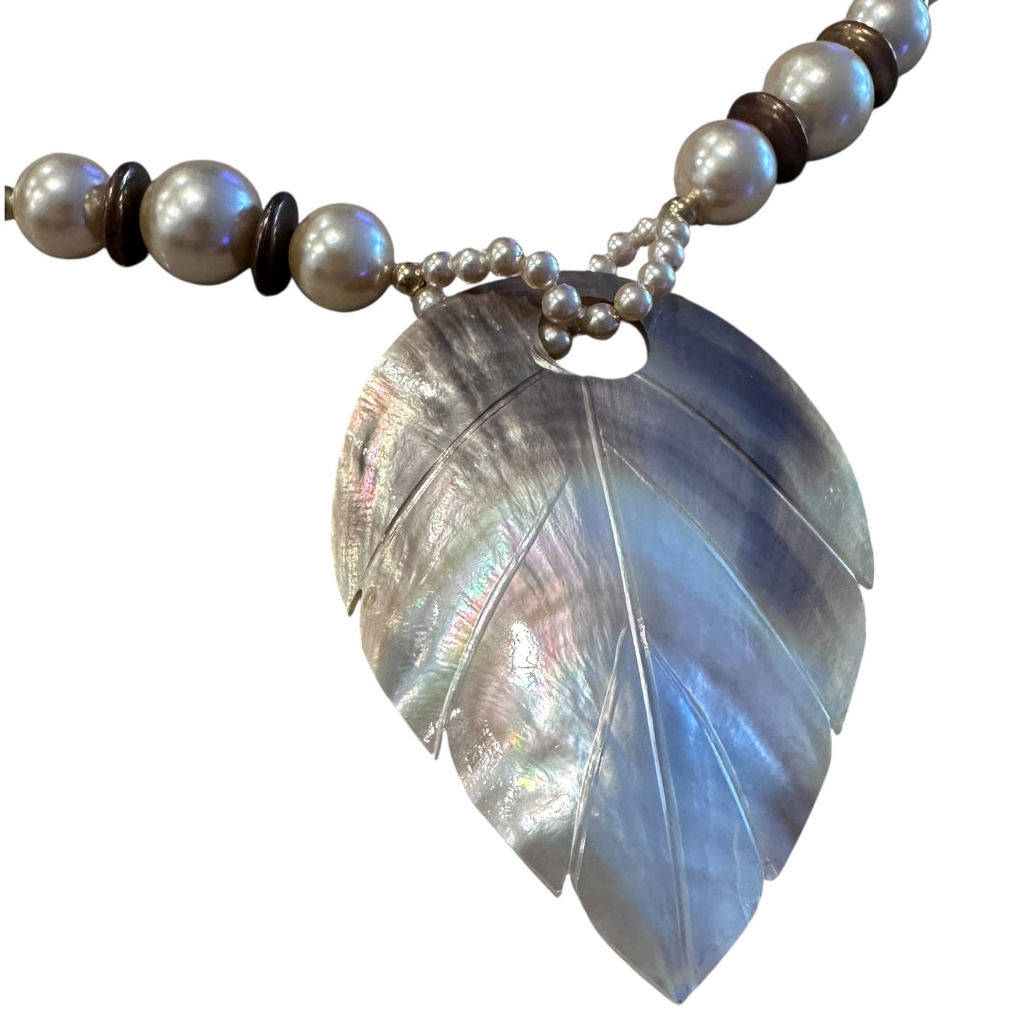 Vintage Mother of Pearl Leaf Pendant Necklace-Beaded