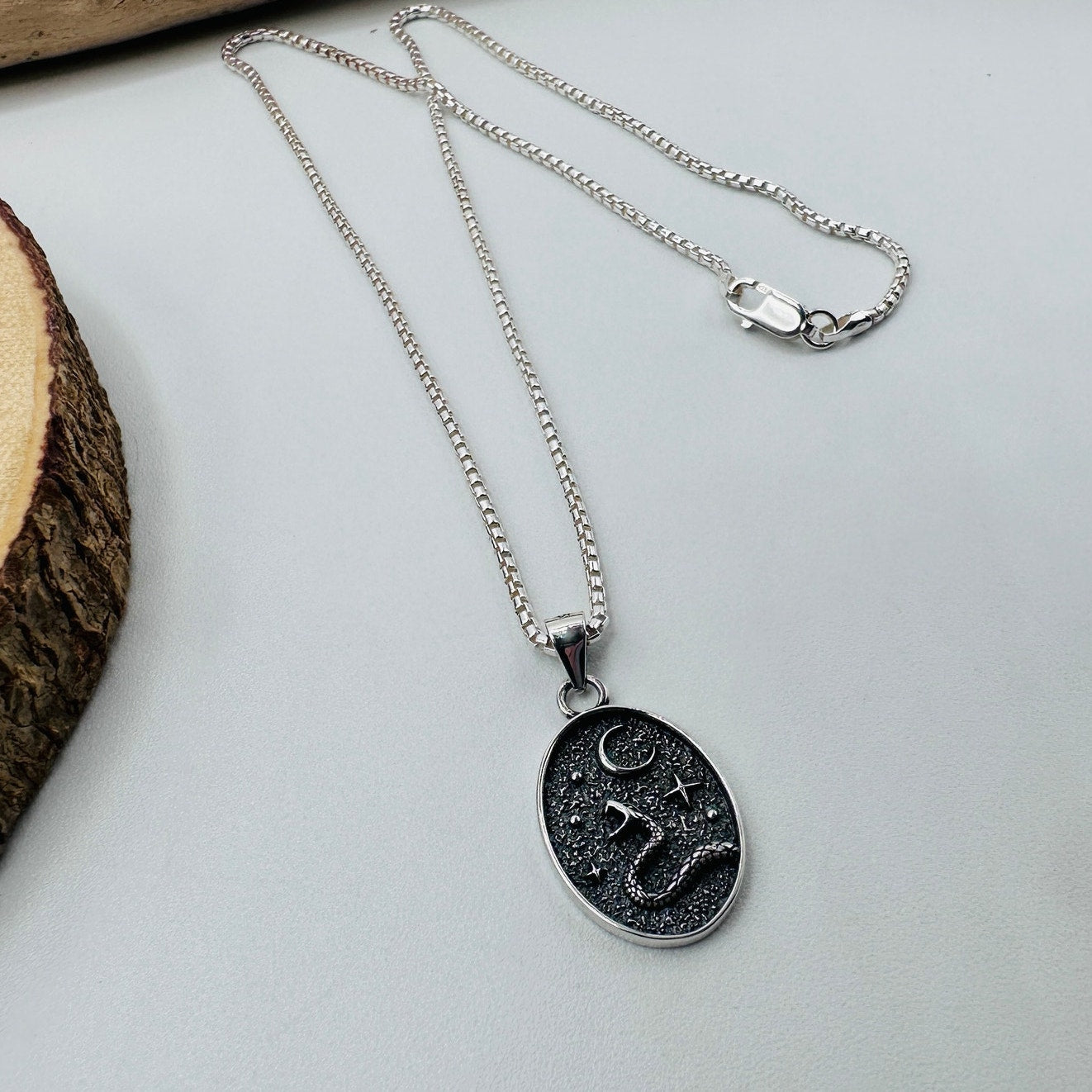 925 Sterling Silver Snake Moon Pendant Necklace-16" rounded Box Chain