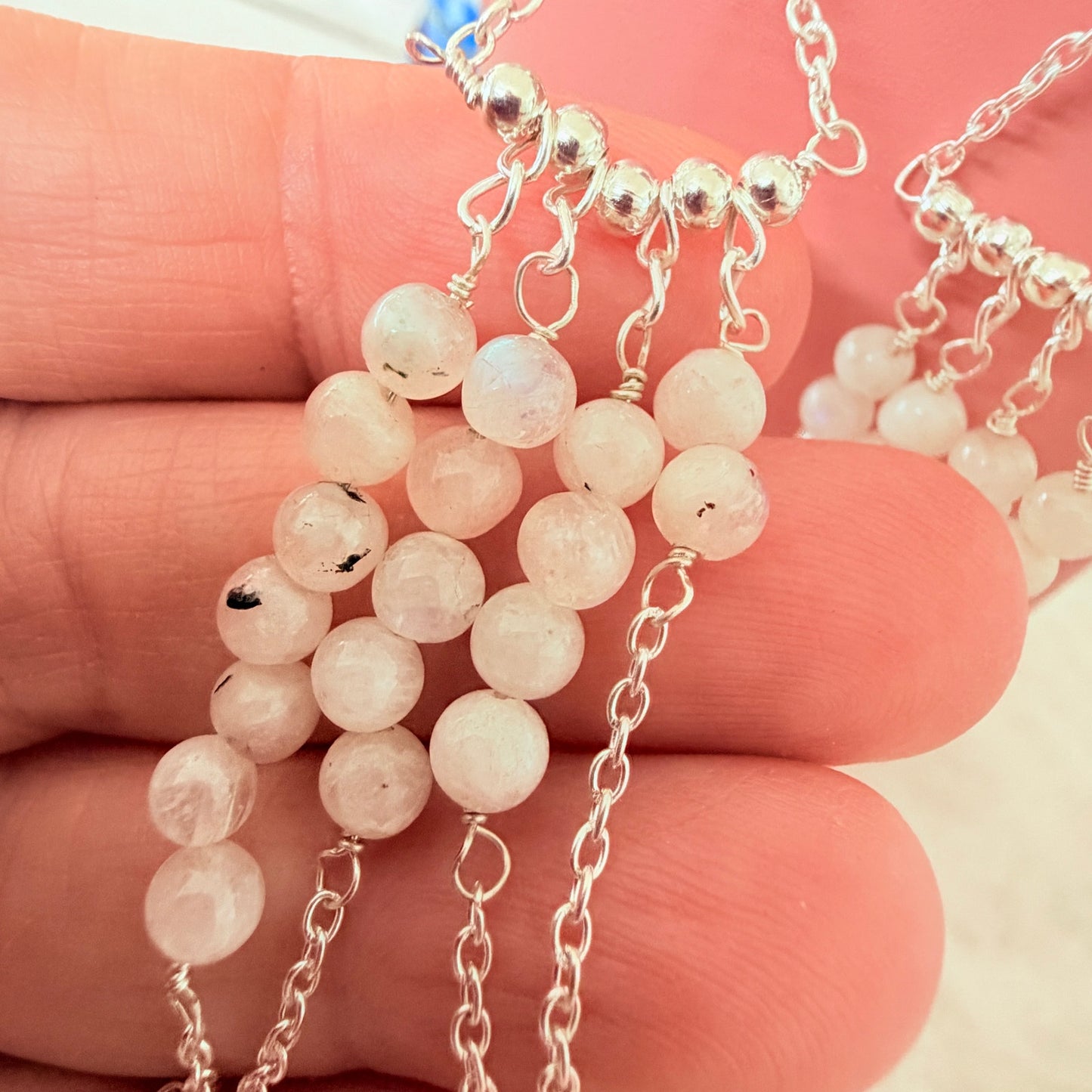 Long Beaded Rainbow Moonstone Dangle Earrings Sterling Silver Plated