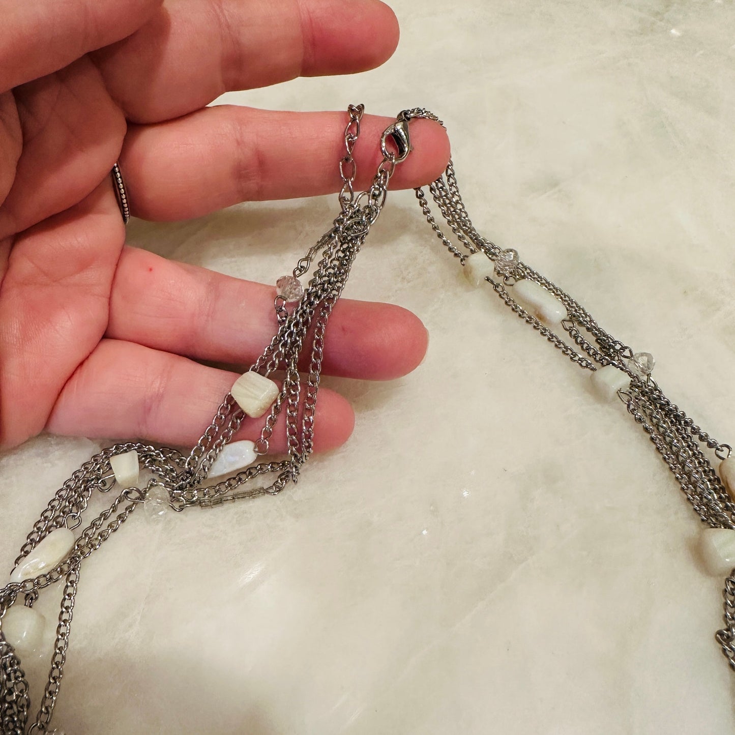 Silver-Tone Multi-Strand Necklace with Mother of Pearl Style Teardrop Drops