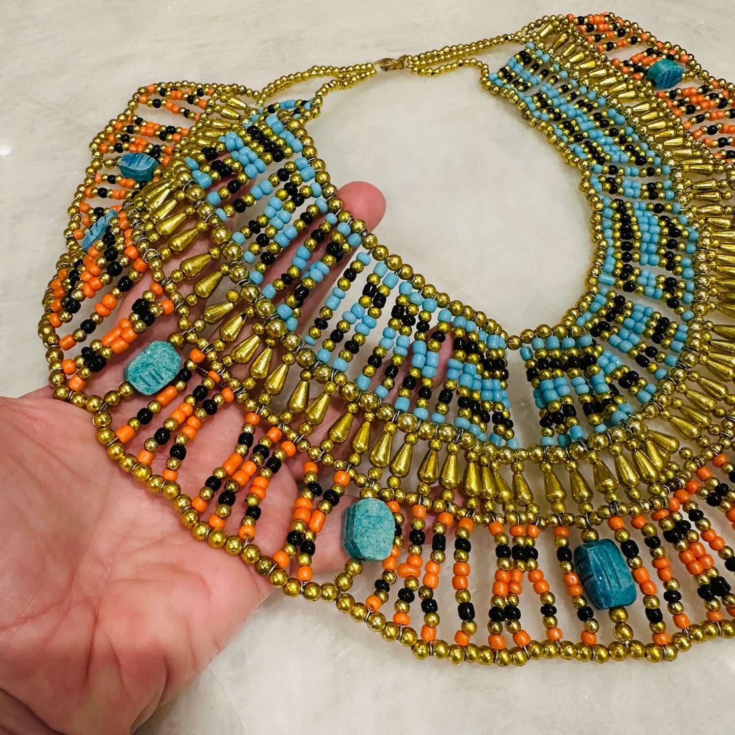 Egyptian Beaded Necklace Collar With Blue Scarabs, Cleopatra