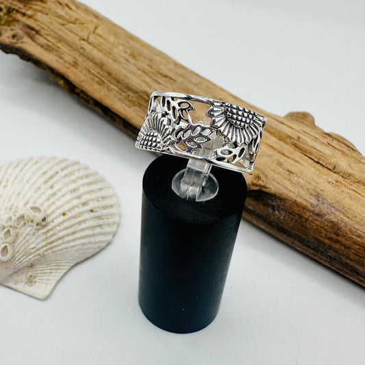Sterling Silver Sunflower Band Ring, Boho Ring