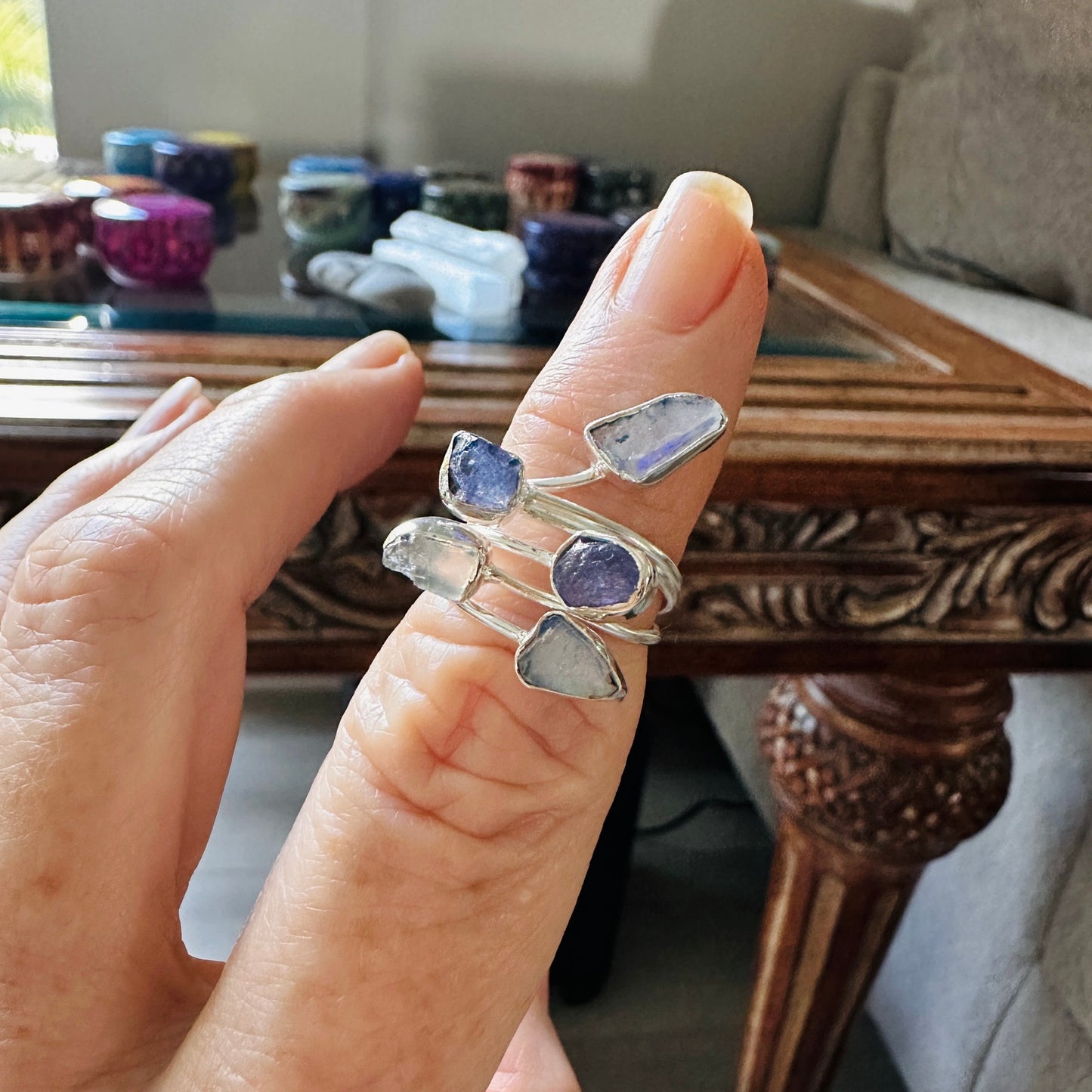 Natural Tanzanite Crystal & Moonstone Rough Sterling Silver Ring