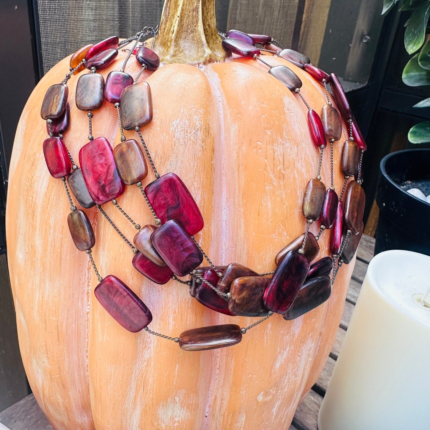 Chico's Multi Stand Statement Necklace-Pink & Brown Resin Lucite Beads