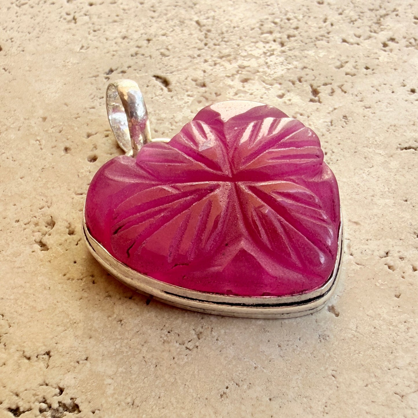 Carved Ruby Heart Clover Pendant 925 Silver Overlay