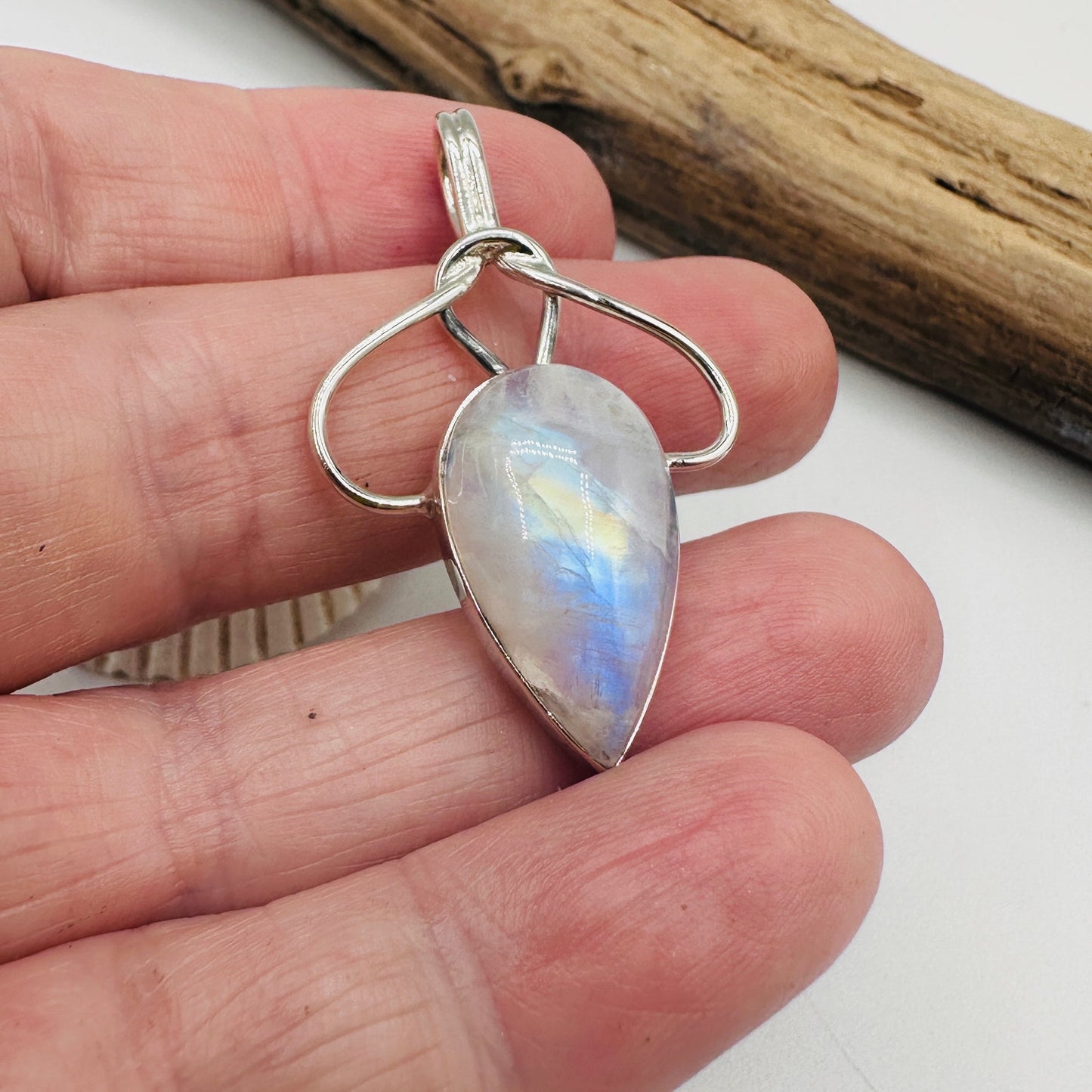 Natural Moonstone Sterling Silver Boho Pendant – 925 Stamped Teardrop Gemstone Jewelry