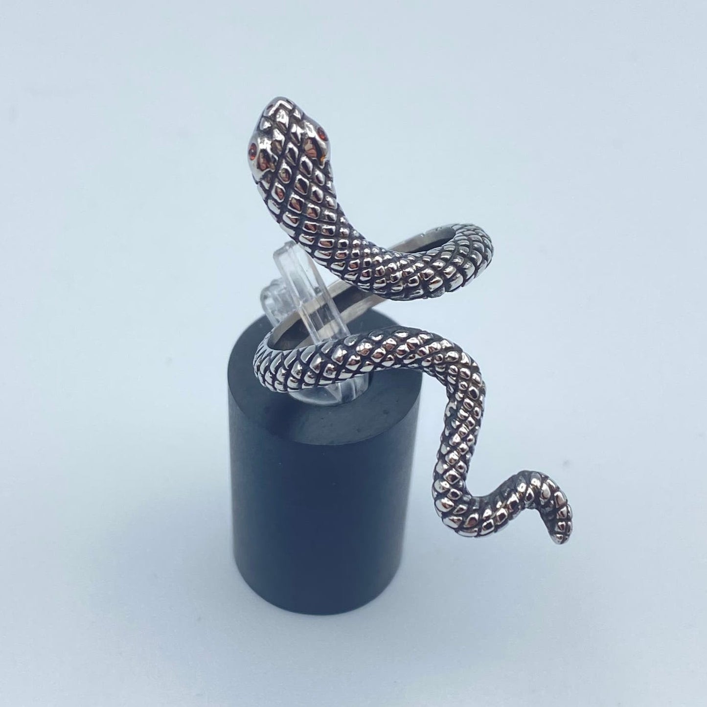 Stainless Steel Slithering Snake Ring- Red CZ Eyes