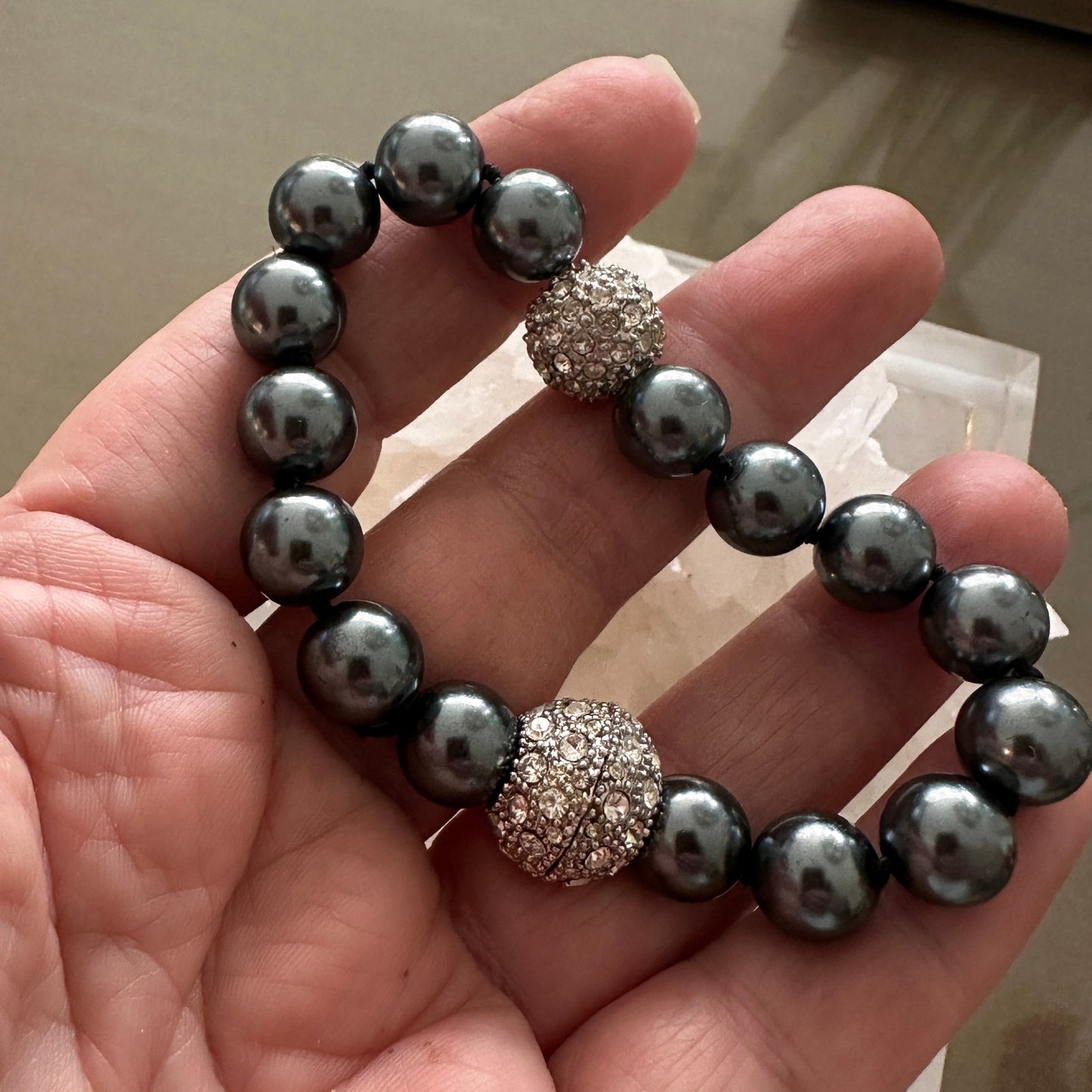 Gray Pearl Pave Ball Crystal Magnetic Close Bracelet