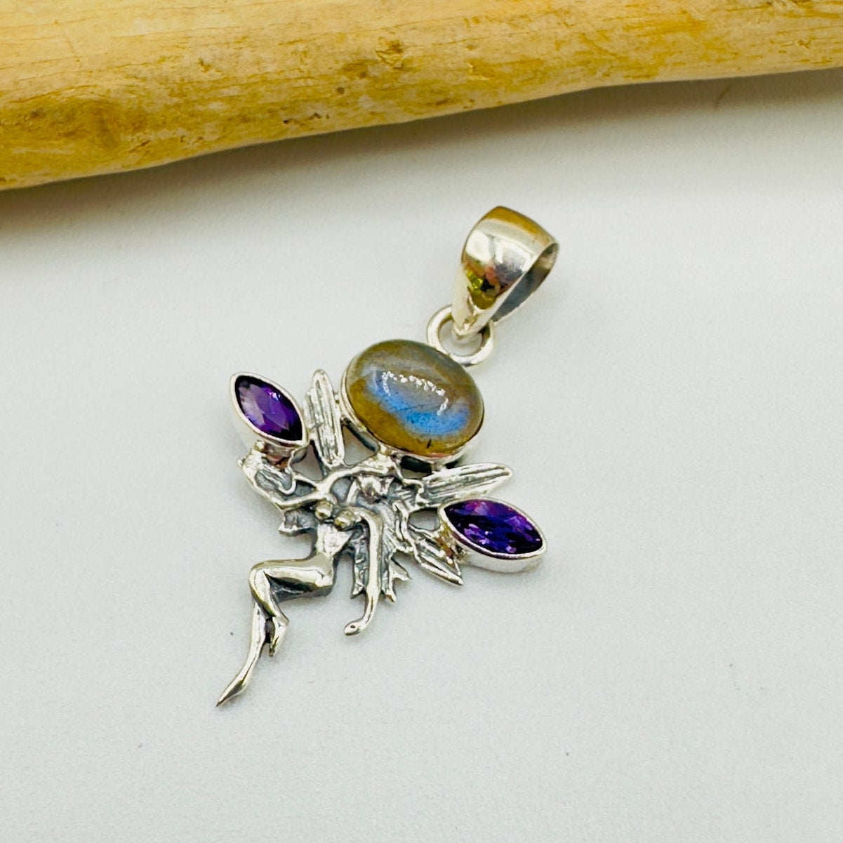 Fairy Labradorite & Amethyst 925 Sterling Silver Pendant