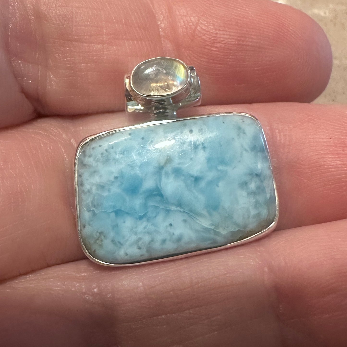 925 Sterling Silver Larimar & Moonstone Pendant-Genuine Dominican
