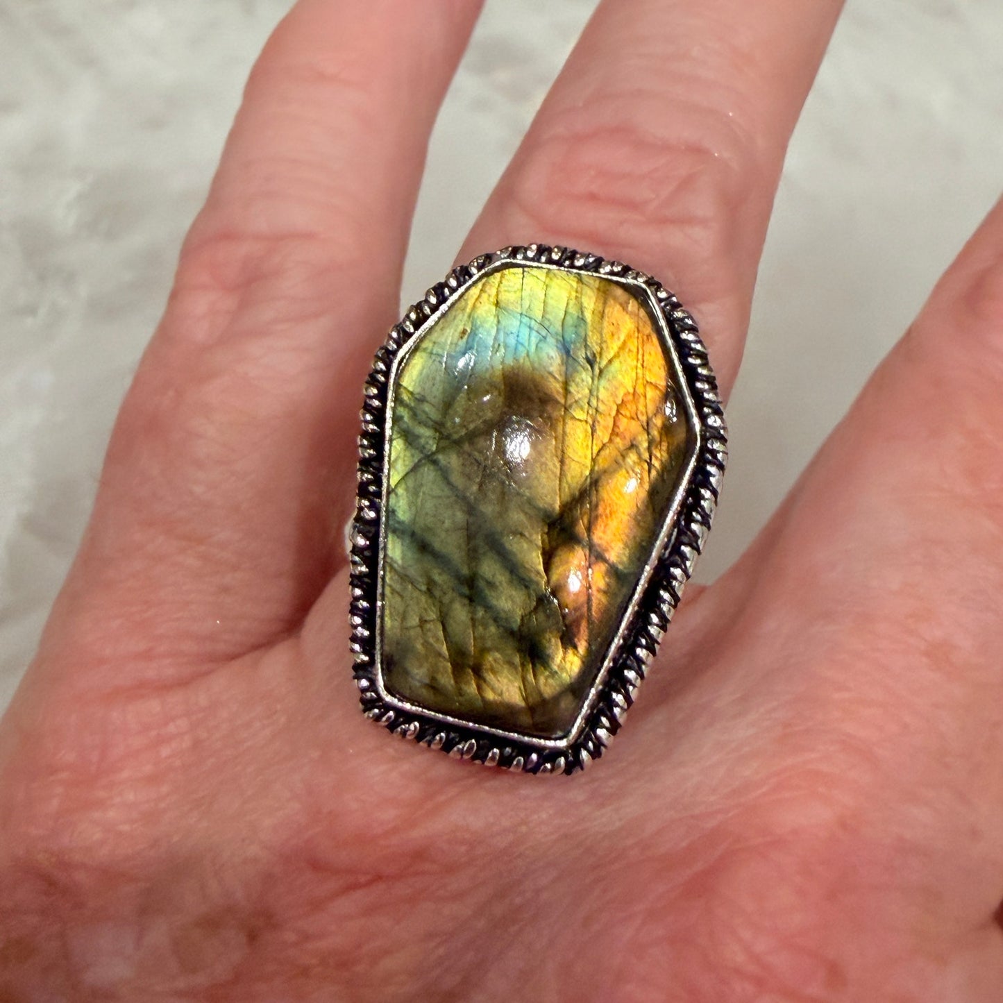 Coffin Labradorite Ring Size 9 Silver Plated Fiery Flash Statement