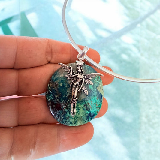 Fairy Chrysocolla Pendant Sterling Silver Overlay Collar Choker