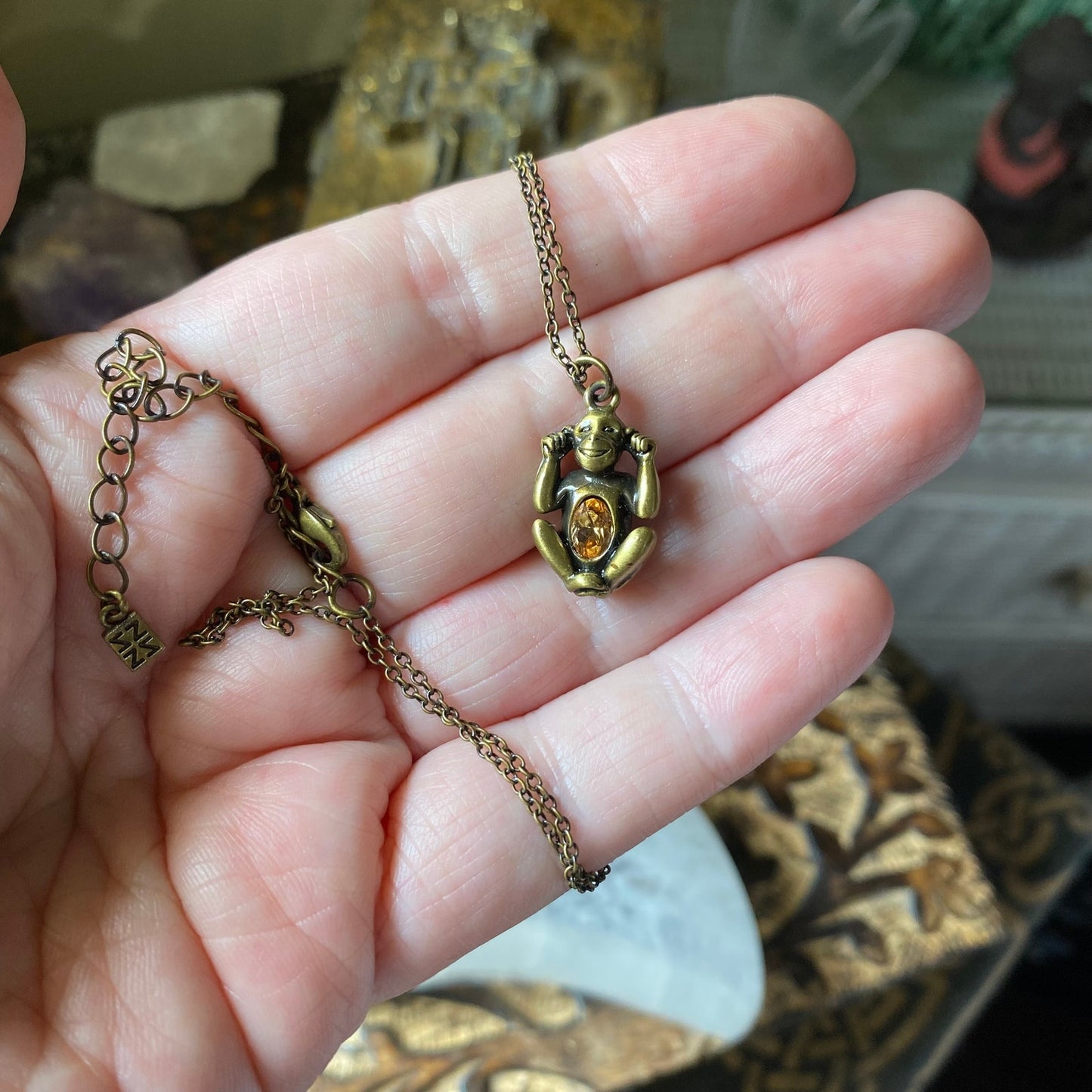 Hear No Evil Monkey Necklace Antique Copper Citrine Crystal