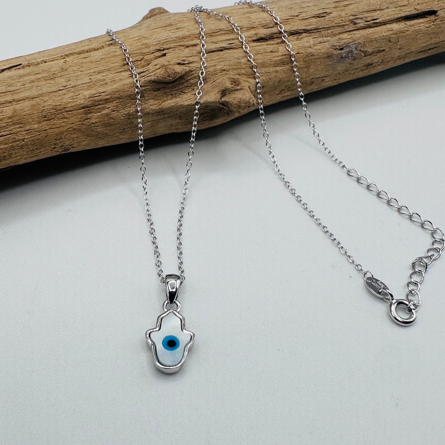 Hamsa Mother of Pearl Sterling Silver Necklace-Evil Eye Necklace