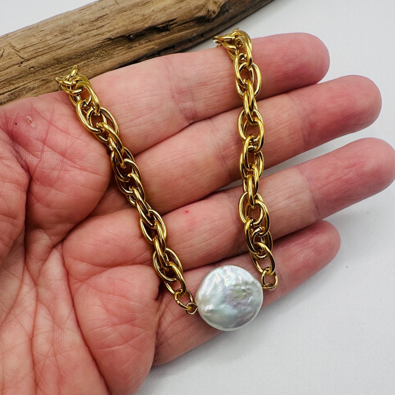 18K Gold Stainless Steel Coin Pearl Necklace-Non Tarnish Water Resistant