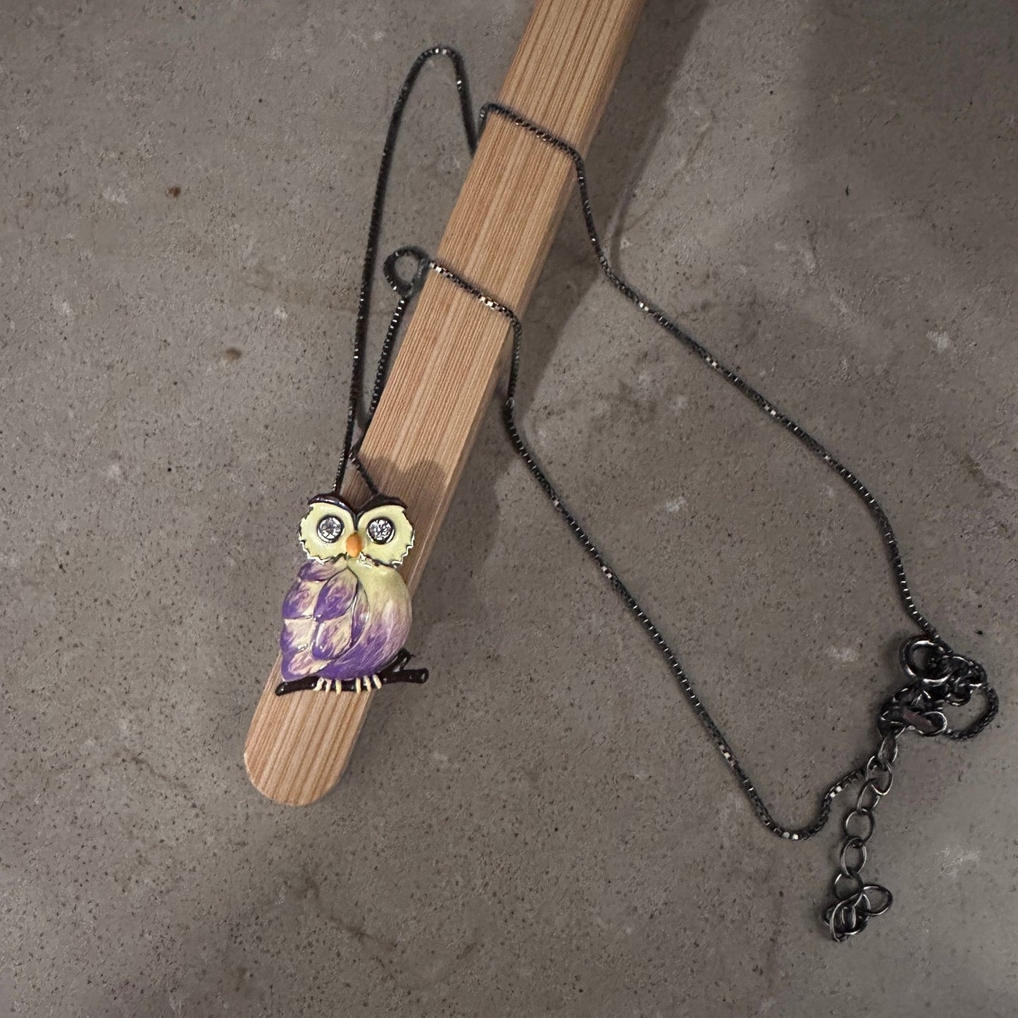 Sterling Silver Hand-Painted Modish Owl with Clear CZ Pendant Necklace