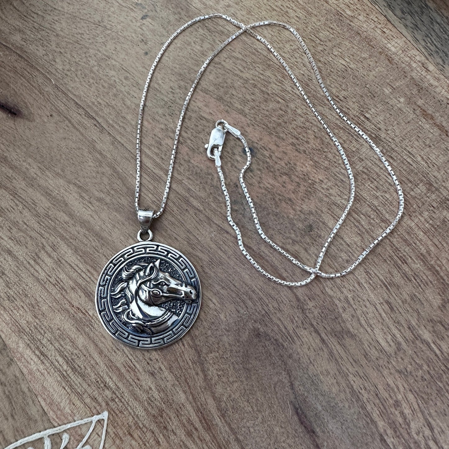 Sterling Silver Horse Medallion Necklace-925 Rounded Box Chain