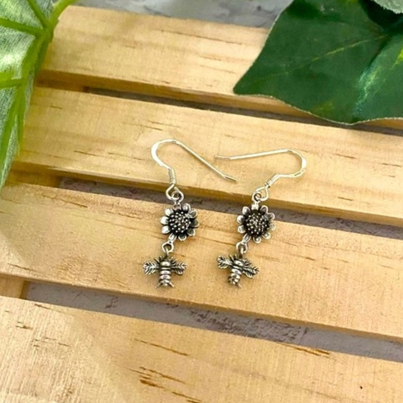 Sunflower Bumble Bee Sterling Silver Earrings