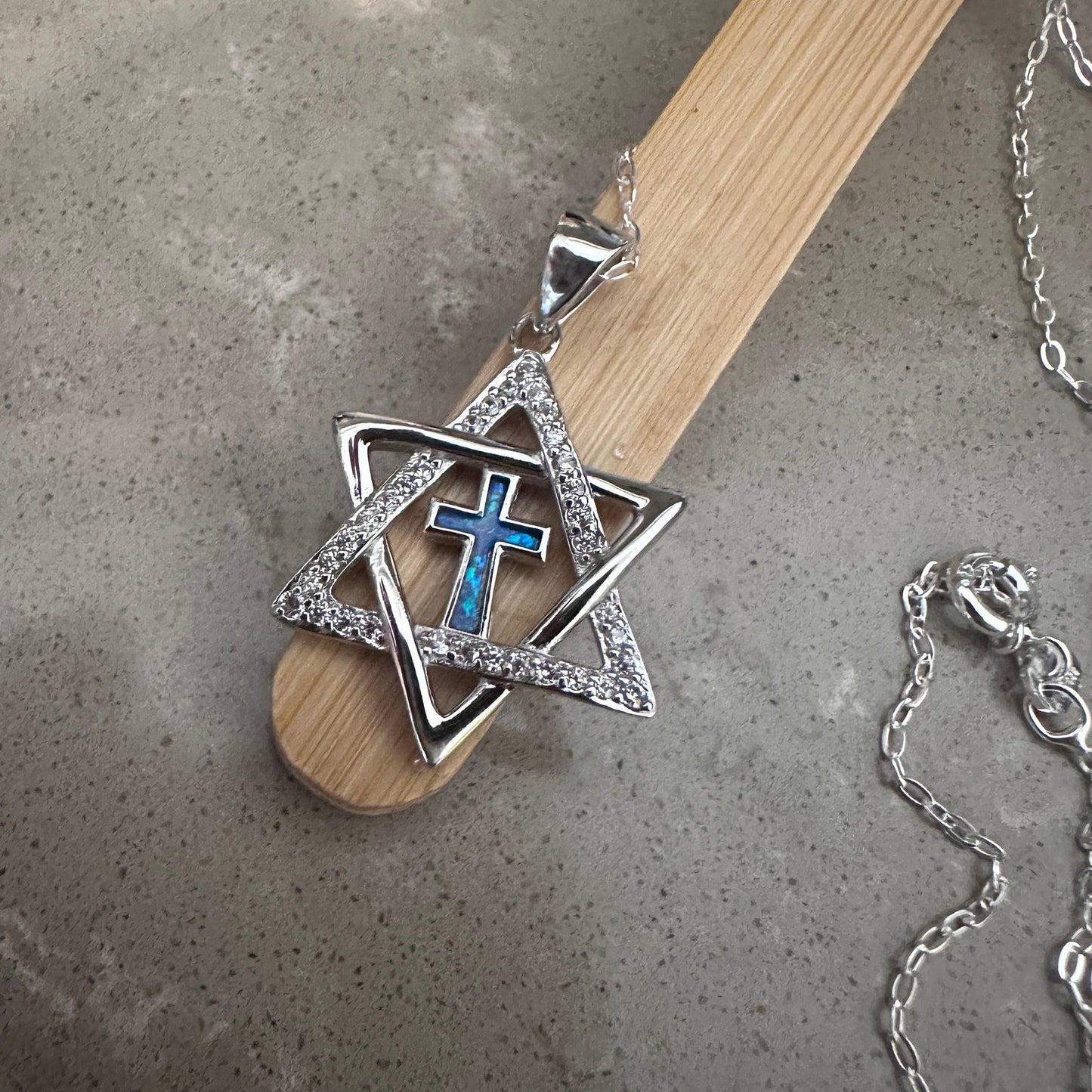 Star of David & Cross CZ Lab Opal Sterling Silver Necklace