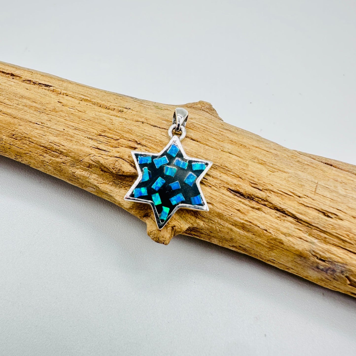 Sterling Silver Mosaic Lab Opal Star of David Pendant, Jewish Star