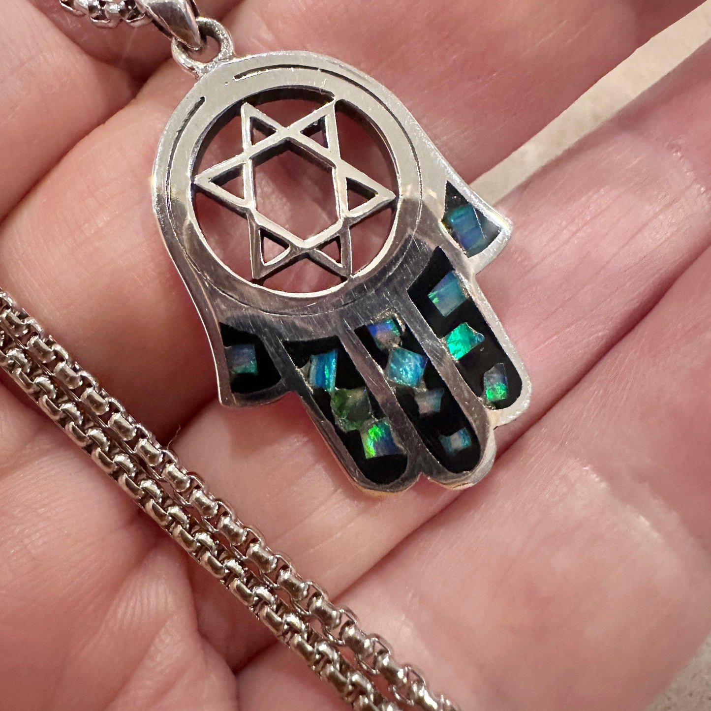 Sterling Silver Hamsa Pendant with Lab Opal & Star of David