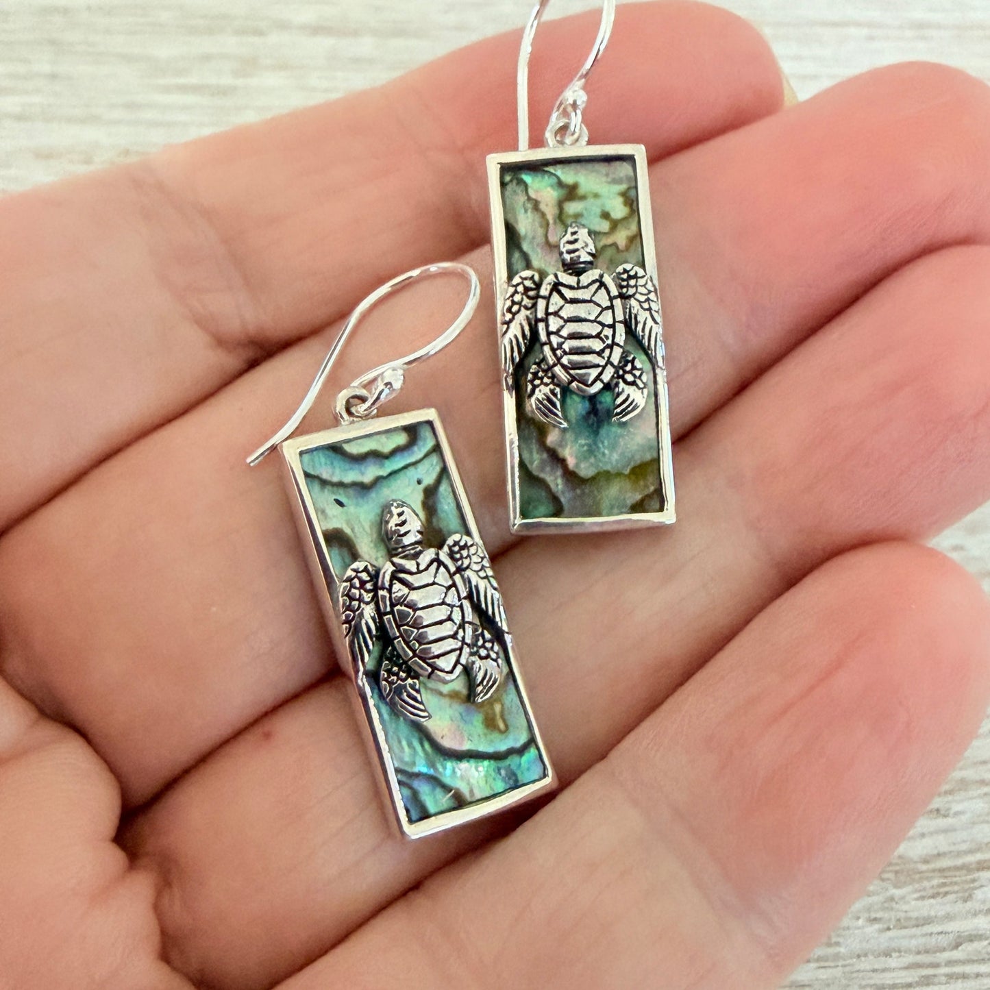 Sterling Silver Abalone Sea Turtle Earrings-Rectangle