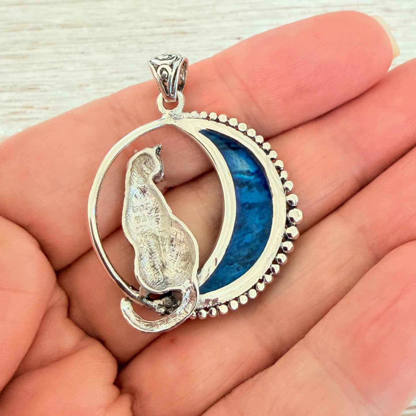 Cat in Crescent Moon Pendant 925 Sterling Silver Blue Shell Inlay