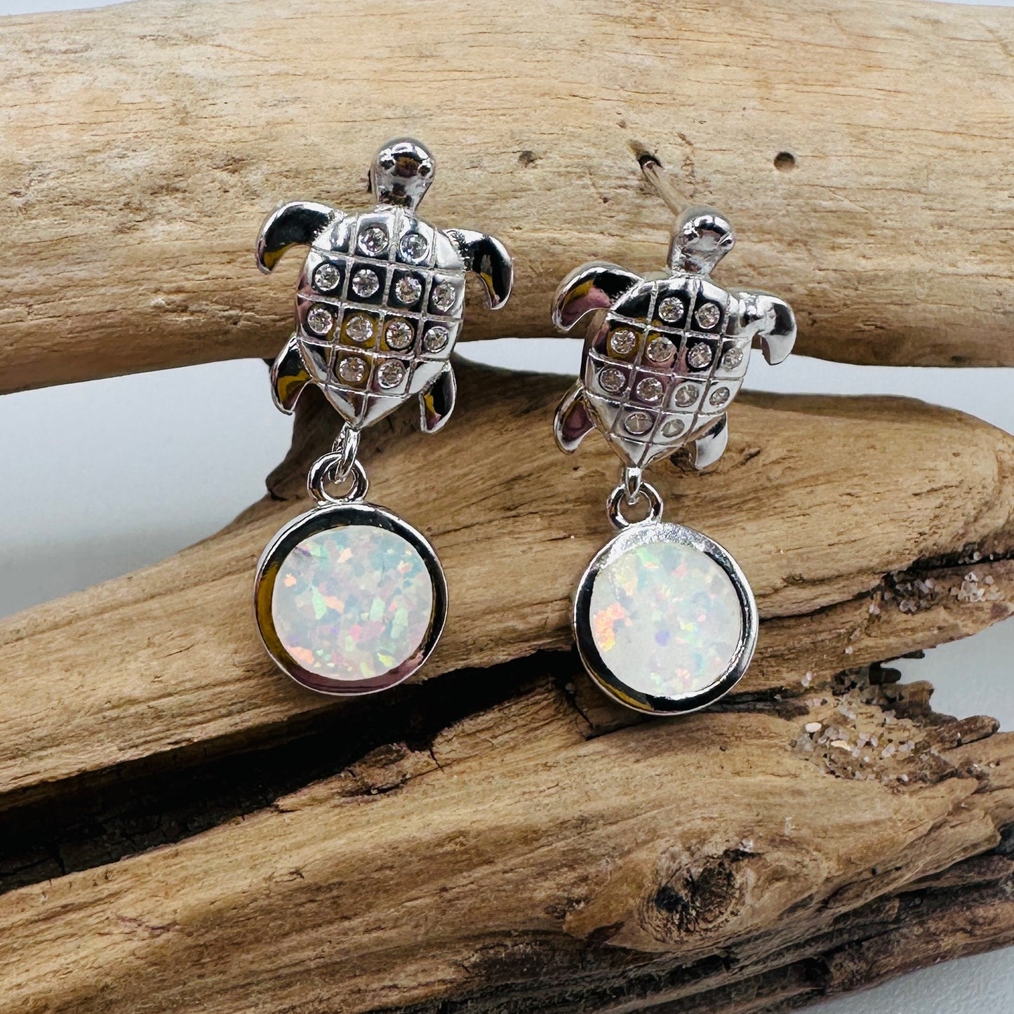 Sterling Silver White Opal Sea Turtle Drop Earrings with White Topaz