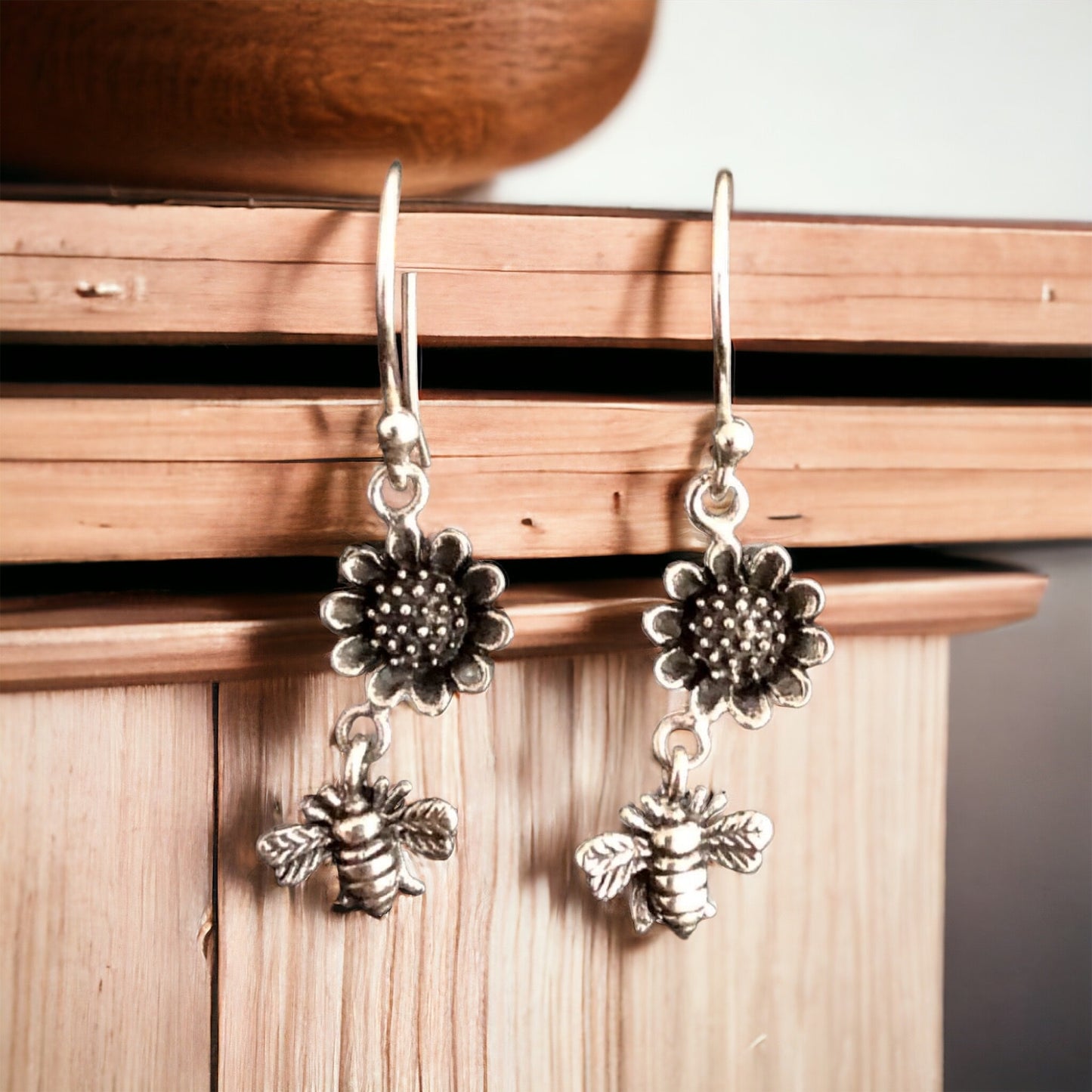 Sunflower Bumble Bee Sterling Silver Earrings